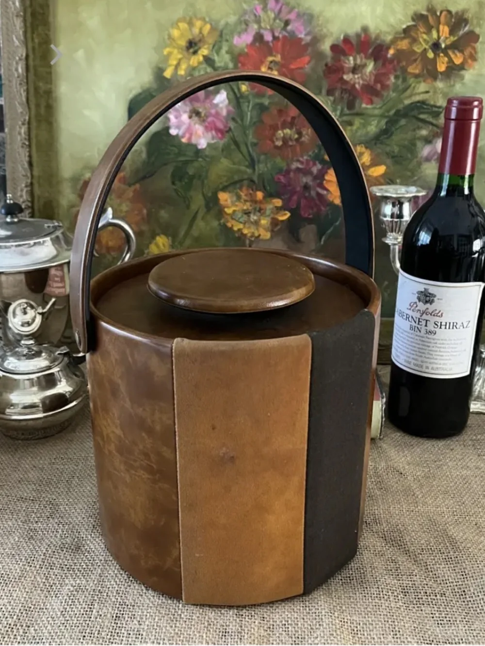 MCM Brown Leather Cylindrical Ice Bucket With Black Accent Made in L. A. USA.